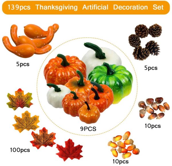 139 Pcs Calabazas Artificiales de Acción de Gracias,Decoración de Otoño con Calabaza, Hojas de Arce, Calabaza, Piñas, Bellotas para Halloween Navidad For Cheap