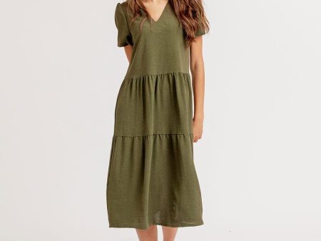 Olive Green Ruffled Midi Dress For Sale